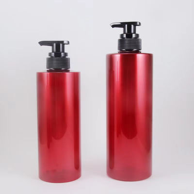 Customizable Plastic Shampoo Pump Bottle 300ml 750ml PET Red Round Flat Shoulder Wash